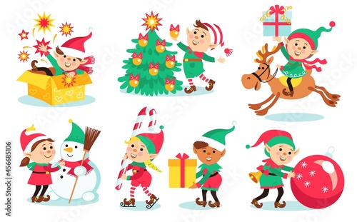 Kids christmas elves. Children in holiday costumes, happy little Santa helpers, fantasy people with gifts, new year creatures, vector set