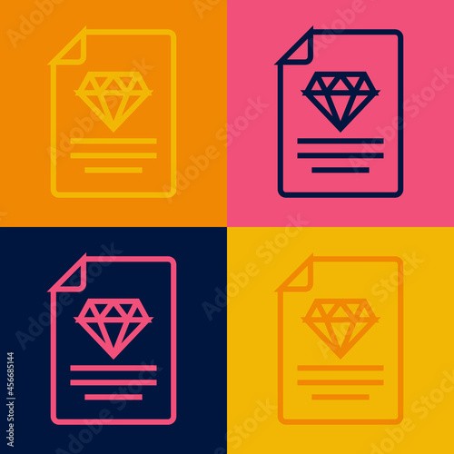 Pop art line Certificate of the diamond icon isolated on color background. Vector