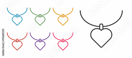Set line Necklace with heart shaped pendant icon isolated on white background. Jewellery decoration. International Happy Women Day. Set icons colorful. Vector