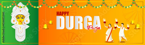 illustration of Goddess Durga Face in Happy Durga Puja, Subh Navratri abstract background, the written text means Durga Puja