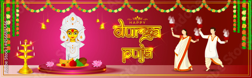 illustration of Goddess Durga Face in Happy Durga Puja, Subh Navratri abstract background, the written text means Durga Puja