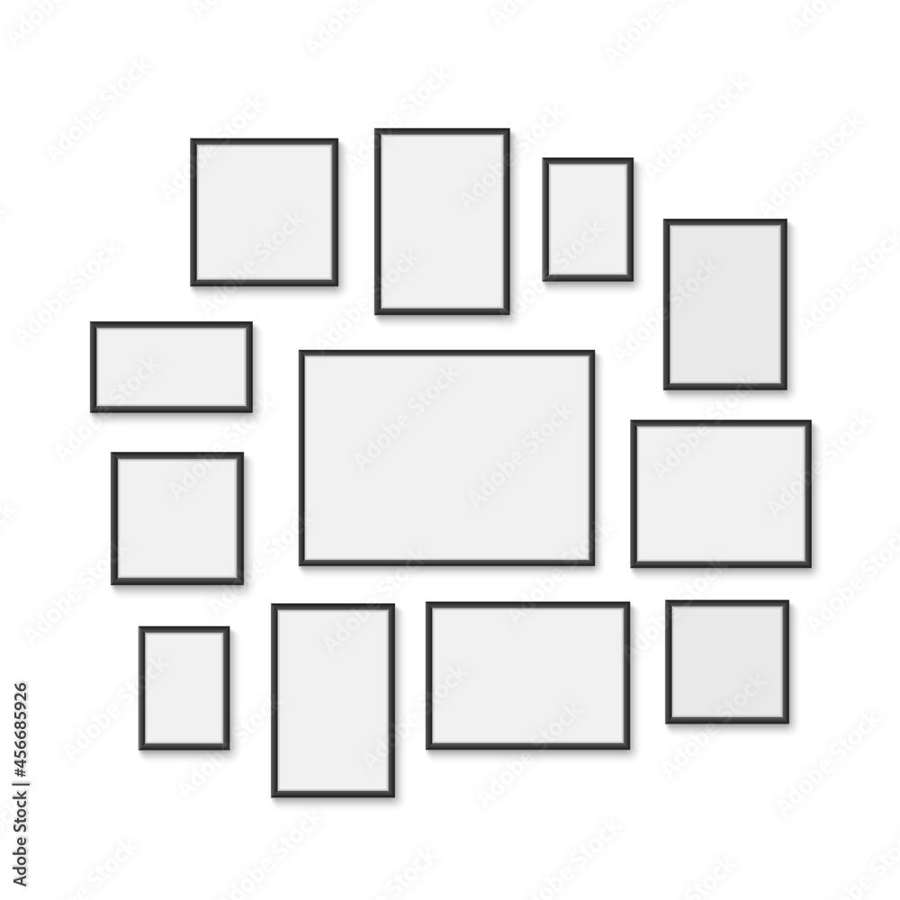 Photo frames mock up. Realistic interior wall empty frames different format, vertical, horizontal 3d template, gallery objects, vector set Photo frames mock up. Realistic interior wall empty frames different format, vertical, horizontal 3d template, gallery objects, vector set
