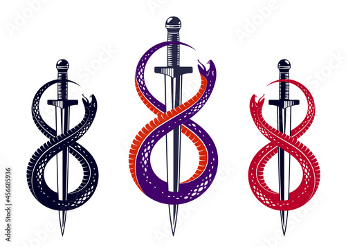 Dagger kills a Snake, defeated Serpent wraps around a sword vector vintage tattoo, Life is a Fight concept, allegorical logo or emblem of ancient symbol.