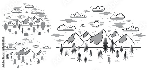 Mountains range and pine forest linear vector illustration isolated on white, line art drawing of mountain peaks wilderness wanderlust theme, beautiful nature landscape.