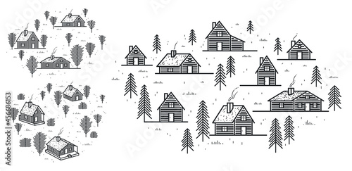 Rural village in woods linear vector illustration isolated on white, wooden houses in trees forest line art drawing, countryside log cabins cottages, travel in wilderness for rest.