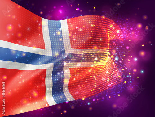Norway, vector 3d flag on pink purple background with lighting and flares