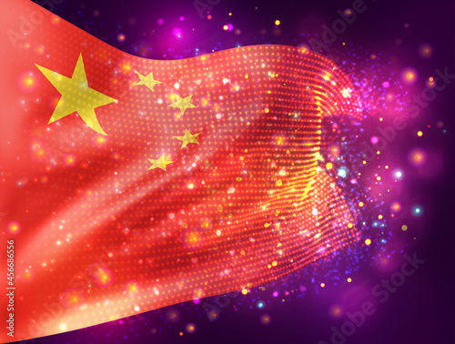 Photography China, vector 3d flag on pink purple background with lighting and flares