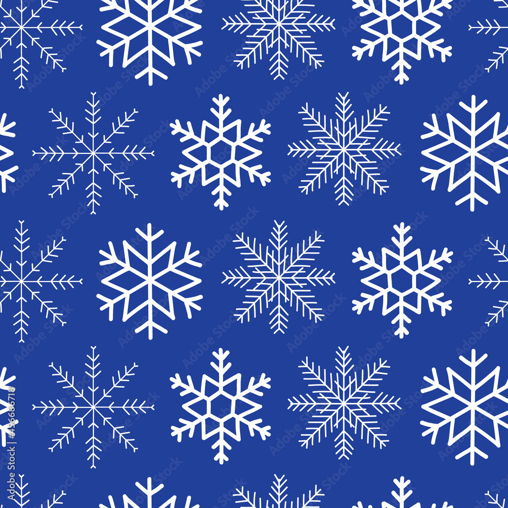 Seamless vector pattern white snowflakes on blue background. Repeating Christmas Wintertime Hanukkah decoration. Illustration Winter elements symbol for holidays card, events, wrapping paper, textile. Seamless vector pattern white snowflakes on blue background. Repeating Christmas Wintertime Hanukkah decoration. Illustration Winter elements symbol for holidays card, events, wrapping paper, textile.