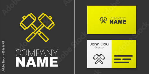 Logotype line Medieval crossed battle hammers icon isolated on grey background. Logo design template element. Vector