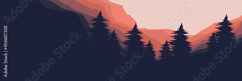 sunset forest mountain landscape vector illustration design for wallpaper design, design template, background template, and tourism design template