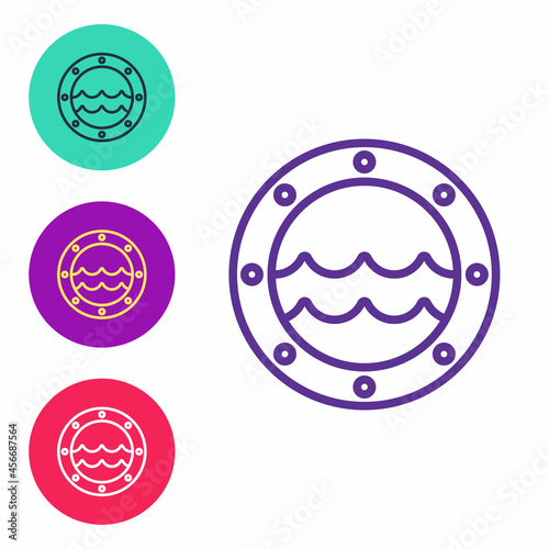 Set line Ship porthole with rivets and seascape outside icon isolated on white background. Set icons colorful. Vector