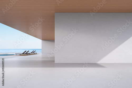 Fototapeta Naklejka Na Ścianę i Meble -  Perspective of modern luxury house with empty concrete wall on sea background, Exterior. 3d rendering.