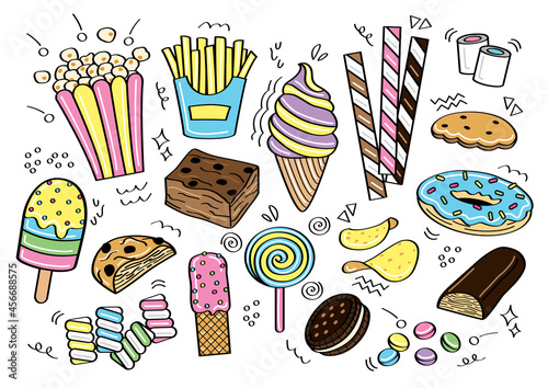 cute girly pastel snack graphic element vector set in doodle style 