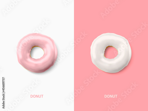 Creative layout of pink and chocolate donuts isolated on light background. Collection of colorful donuts. Various glazed donuts. Nutrition concept. Vector illustration