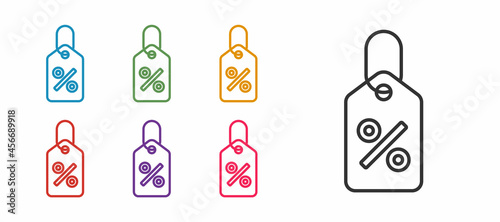 Set line Discount percent tag icon isolated on white background. Shopping tag sign. Special offer sign. Discount coupons symbol. Set icons colorful. Vector