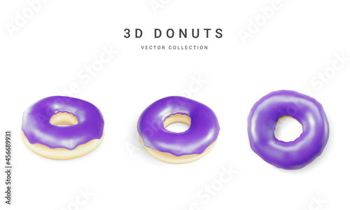 Set of violet donuts isolated on white background. Collection of colorful donuts. Various glazed donuts. Vector illustration