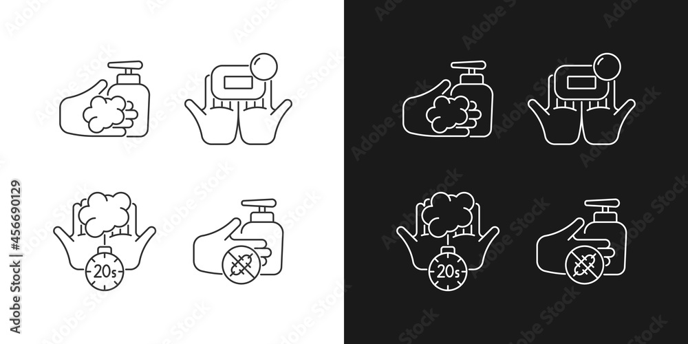 Hand hygiene linear icons set for dark and light mode. Wash with brick soap. Antimicrobial skin cleanser. Customizable thin line symbols. Isolated vector outline illustrations. Editable stroke