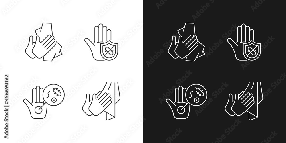 Infection prevention linear icons set for dark and light mode. Wiping off dirt, germs. Dry hands with towel. Customizable thin line symbols. Isolated vector outline illustrations. Editable stroke