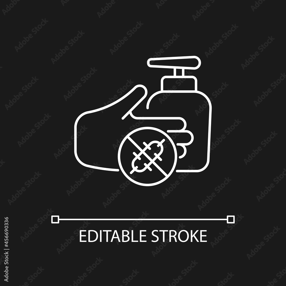 Antiseptic hand washing white linear icon for dark theme. Hand disinfectant. Alcohol-based product. Thin line customizable illustration. Isolated vector contour symbol for night mode. Editable stroke Antiseptic hand washing white linear icon for dark theme. Hand disinfectant. Alcohol-based product. Thin line customizable illustration. Isolated vector contour symbol for night mode. Editable stroke