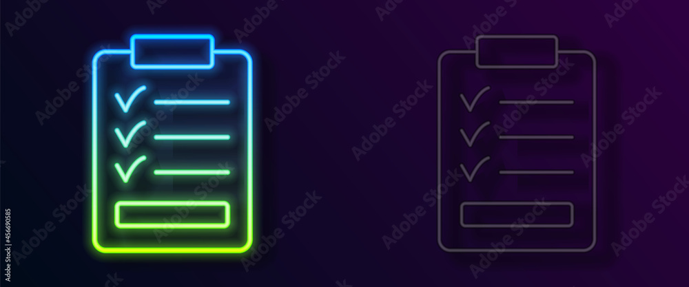 Glowing neon line Clipboard with checklist icon isolated on black background. Control list symbol. Survey poll or questionnaire feedback form. Vector Glowing neon line Clipboard with checklist icon isolated on black background. Control list symbol. Survey poll or questionnaire feedback form. Vector