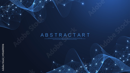 Technology abstract lines and dots connection background. Connection digital data and big data concept. Digital data visualization. Waves flow. Quantum explosion technology. Vector illustration.