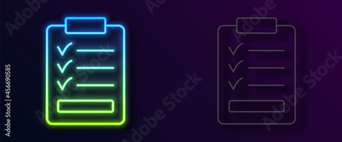 Glowing neon line Clipboard with checklist icon isolated on black background. Control list symbol. Survey poll or questionnaire feedback form. Vector