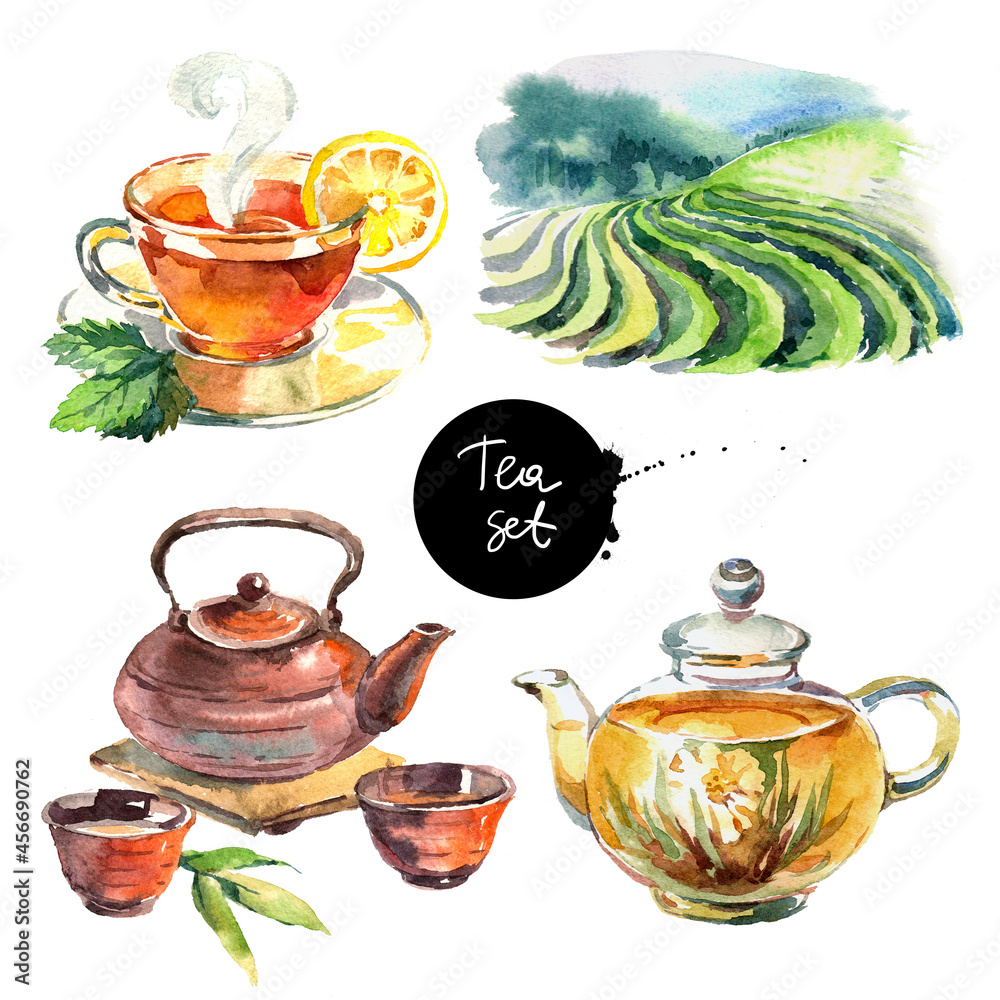 Watercolor hand drawn painted tea illustration isolated on white background. Elements for menu design - obrazy, fototapety, plakaty 