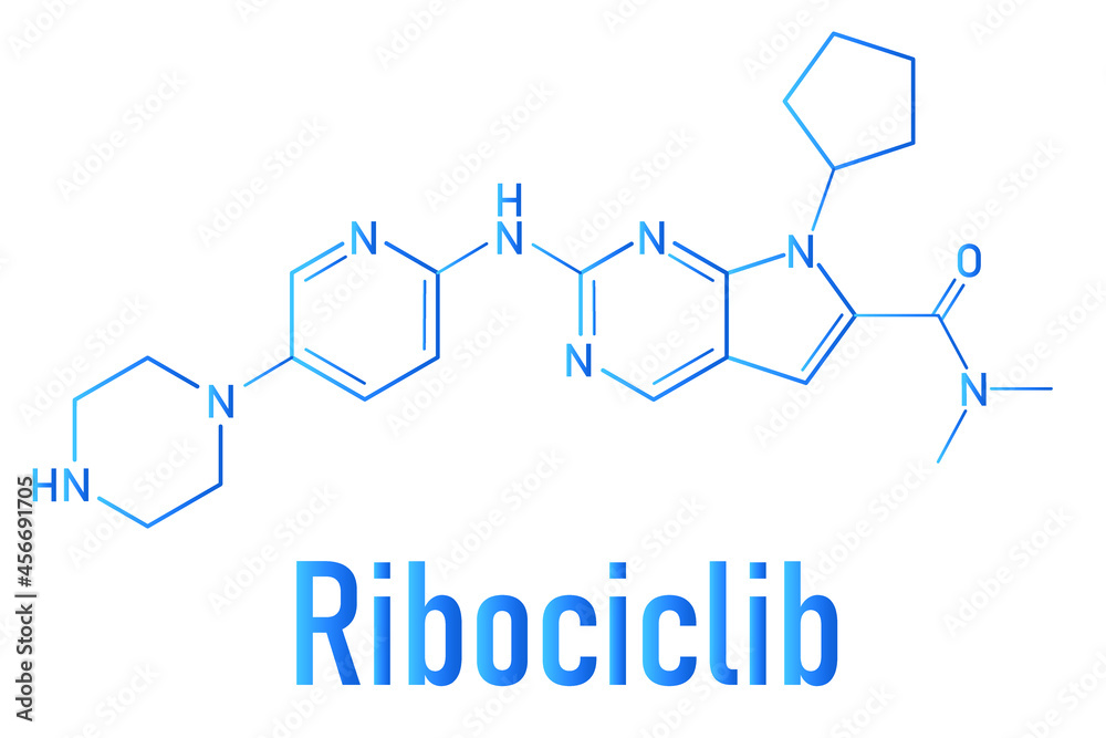 Fototapeta premium Ribociclib cancer drug molecule (CDK4 CDK6 inhibitor). Skeletal formula.