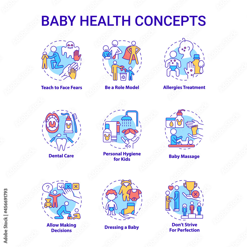 Baby health concept icons set. Infant care idea thin line color illustrations. Bringing up baby. Child mental and physical health. Vector isolated outline drawings. Editable stroke