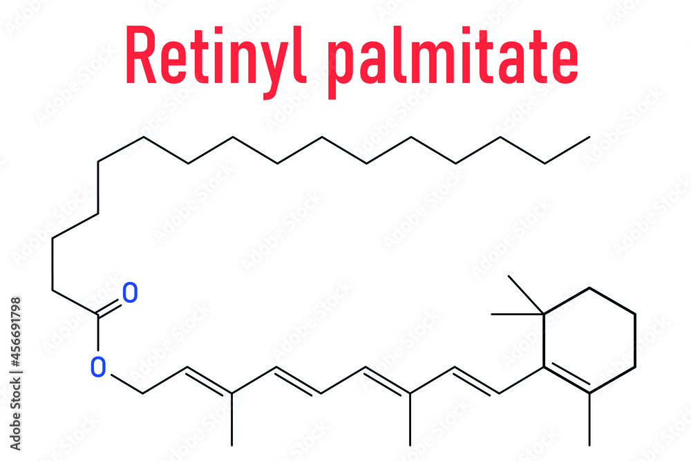 Retinyl palmitate vitamin supplement molecule. Ester of vitamin A (retinol) and palmitic acid. Skeletal formula. Retinyl palmitate vitamin supplement molecule. Ester of vitamin A (retinol) and palmitic acid. Skeletal formula.