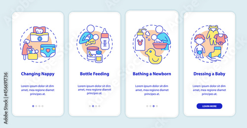 Infant care onboarding mobile app page screen. Mother looking after newborn walkthrough 4 steps graphic instructions with concepts. UI, UX, GUI vector template with linear color illustrations
