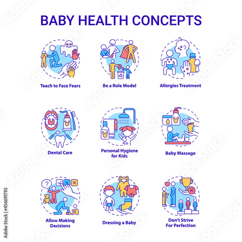 Baby health concept icons set. Infant care idea thin line color illustrations. Bringing up baby. Child mental and physical health. Vector isolated outline drawings. Editable stroke © bsd studio