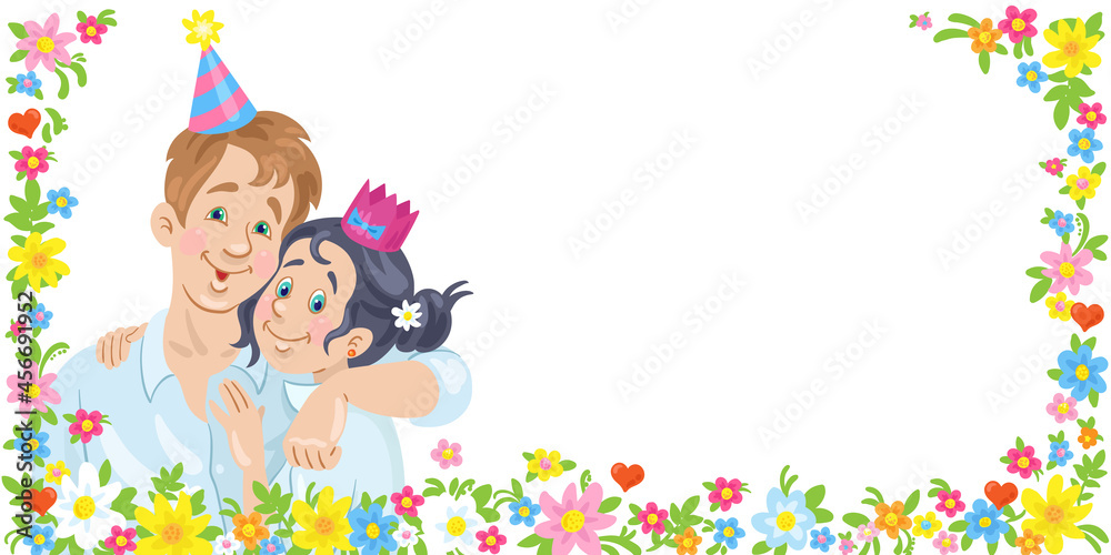 Young couple in festive hats surrounded by flowers. Man and woman are hugging. Banner in cartoon style. Invitation card for holiday. Place for your text. Isolated on white. Vector illustration. Young couple in festive hats surrounded by flowers. Man and woman are hugging. Banner in cartoon style. Invitation card for holiday. Place for your text. Isolated on white. Vector illustration.