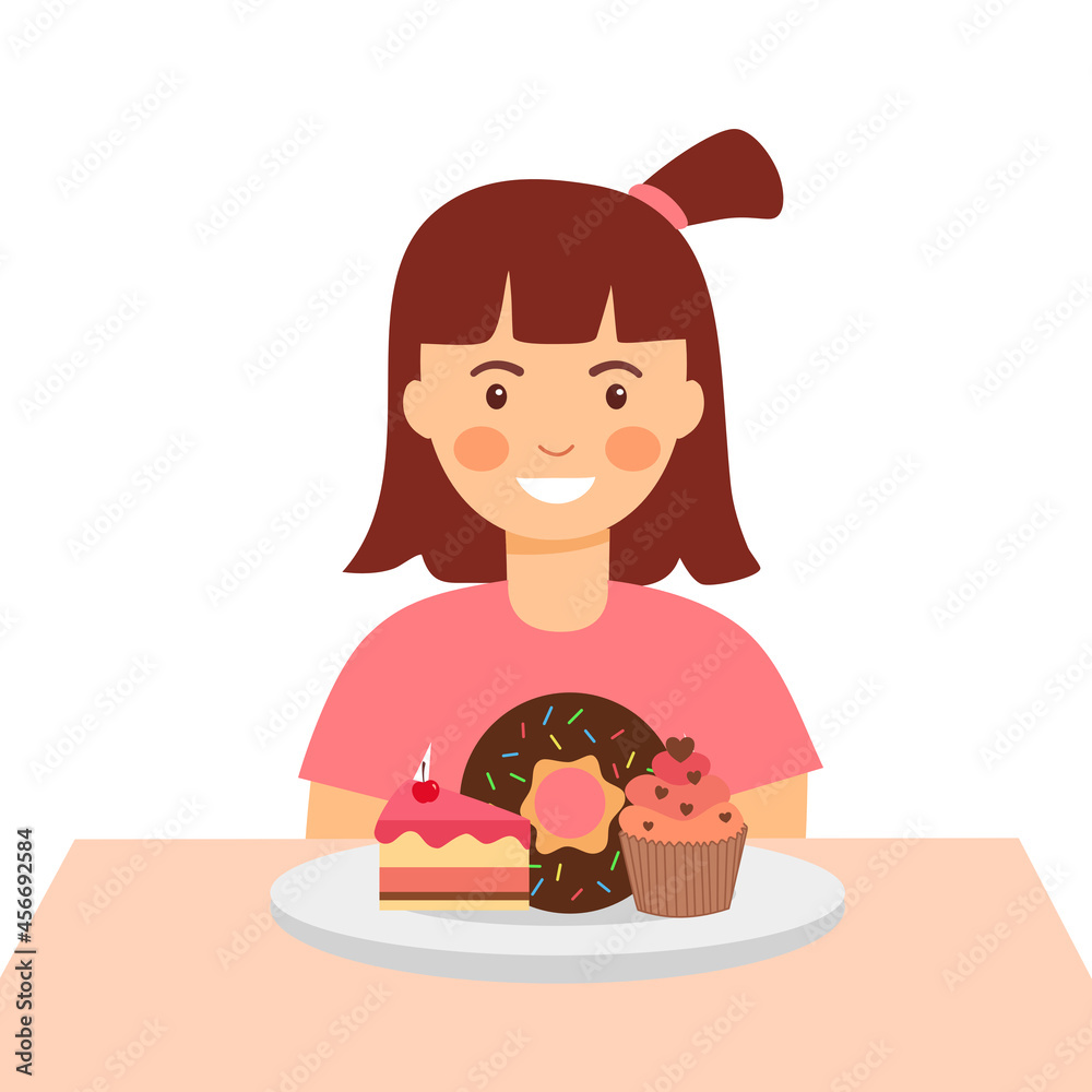 Girl child eating strawberry cake, chocolate doughnut and cupcake in flat design on white background. Kids enjoy eating sweet dessert. Girl child eating strawberry cake, chocolate doughnut and cupcake in flat design on white background. Kids enjoy eating sweet dessert.