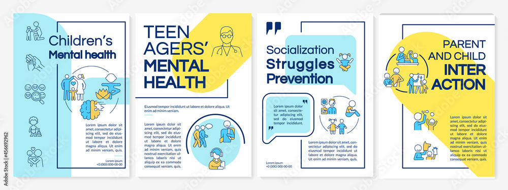 Children mental health blue and yellow brochure template. Flyer, booklet, leaflet print, cover design with linear icons. Vector layouts for presentation, annual reports, advertisement pages Children mental health blue and yellow brochure template. Flyer, booklet, leaflet print, cover design with linear icons. Vector layouts for presentation, annual reports, advertisement pages