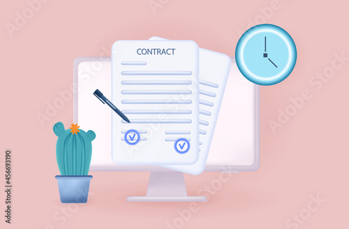 Signing an electronic contract 3d. Business agreement page with electronic smart signature of partners on a computer. Confirmed deal, transaction online with a stamp. Financial form on time. Vector 