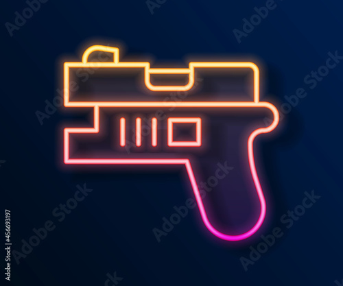 Glowing neon line Futuristic space gun blaster icon isolated on black background. Laser Handgun. Alien Weapon. Vector
