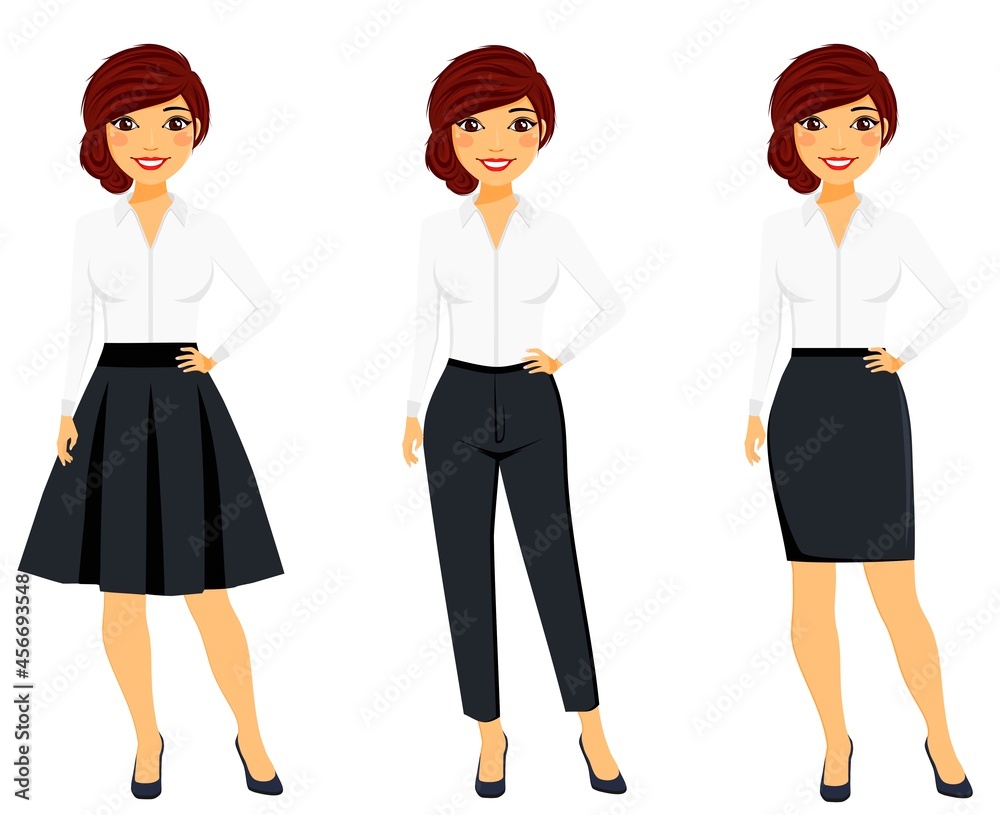 The girl is beautiful in business clothes. Set business woman in different clothes. Business style. Cartoon The girl is beautiful in business clothes. Set business woman in different clothes. Business style. Cartoon