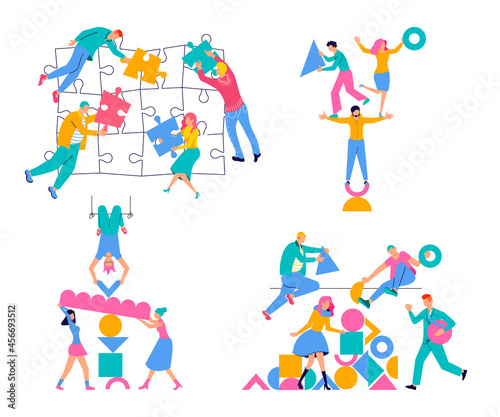 Business men and women connecting puzzle elements.