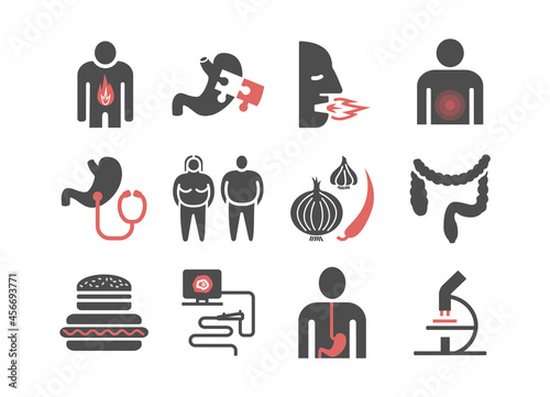 Heartburn. Symptoms, Treatment. Icons set. Vector signs for web graphics.