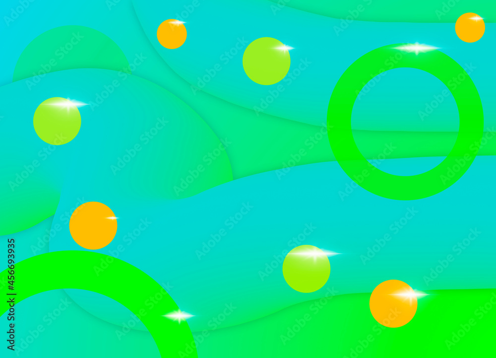 A beautiful abstraction with fluids and balls on a gradient background of turquoise and green. 3D image with turquoise, green and orange color. 