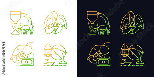 Illegal hunting gradient icons set for dark and light mode. Dolphin and elephant cruel hunt. Thin line contour symbols bundle. Isolated vector outline illustrations collection on black and white