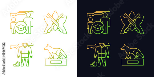 Hunting trophy and equipment gradient icons set for dark and light mode. Hunt trophy. Thin line contour symbols bundle. Isolated vector outline illustrations collection on black and white