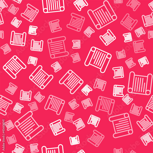 White line Decree, paper, parchment, scroll icon icon isolated seamless pattern on red background. Vector