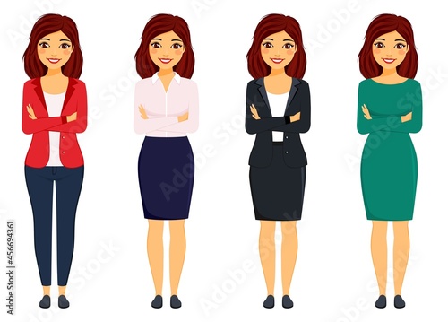 Set, brunette girl in different clothes. Office worker, businesswoman. Business and Finance. Flat style on a white background. Cartoon