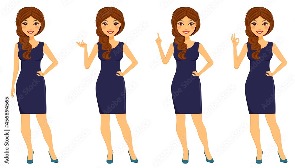 A young girl, an attractive business woman, an office worker, a business dress. Set girl on a white background. cartoon.