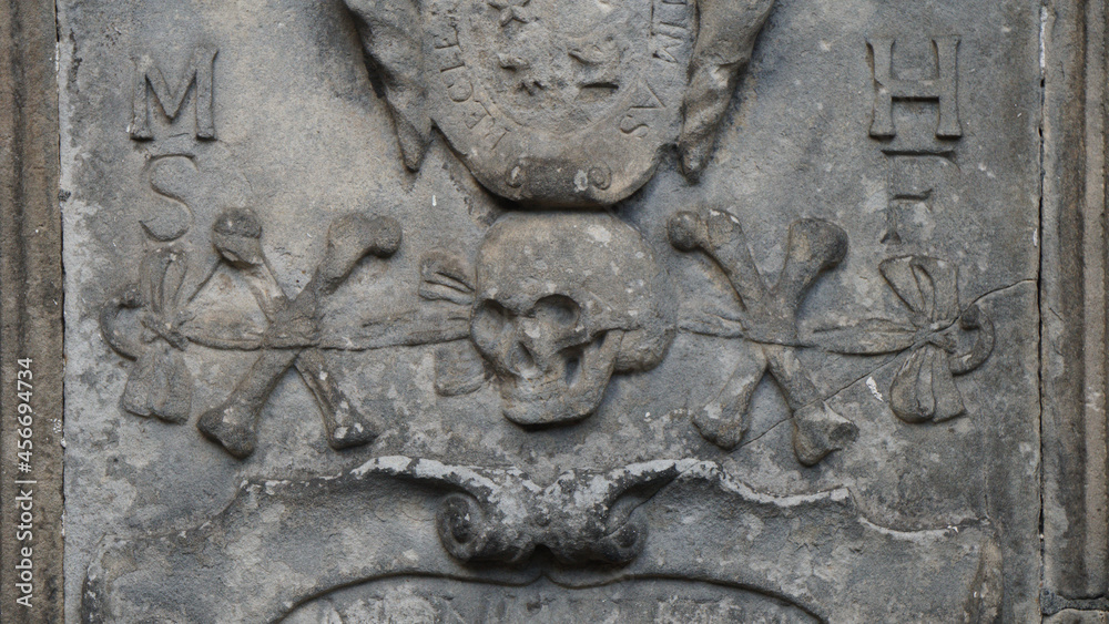 carved skull on a tombstone, old high church and cemetery, Inverness, Scotland