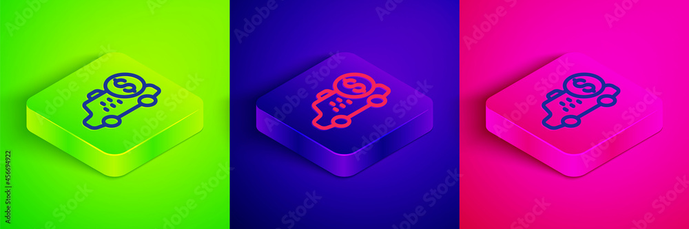 Isometric line Taximeter device icon isolated on green, blue and pink background. Measurement appliance for passenger fare in taxi car. Square button. Vector Isometric line Taximeter device icon isolated on green, blue and pink background. Measurement appliance for passenger fare in taxi car. Square button. Vector