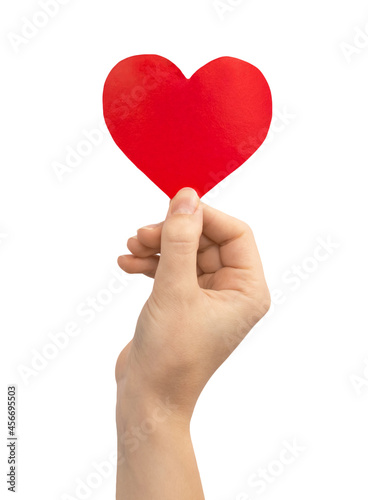 Donation concept. Hand holding red heart isolated on a white background. Copy space photo