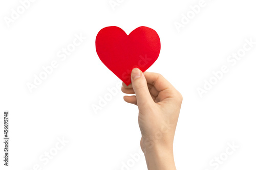 Family concept. Hand holding red heart isolated on a white background. Copy space photo